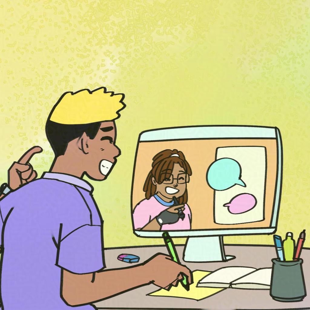 illustration d'un garçon aux cheveux jaune qui fait une formation en ligne, assis devant un écran d'oridnateur.